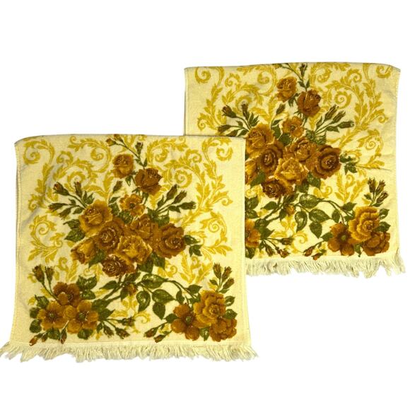 Pair of 2 Vintage 70s Floral Bath Towels 20x36 Yellow Brown Cabbage Rose Flowers - Picture 4 of 7